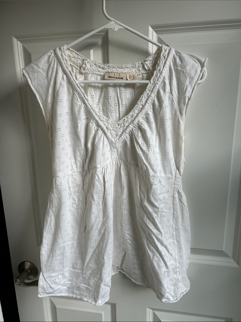 DKNY White Eyelet V-Neck Tank Top
